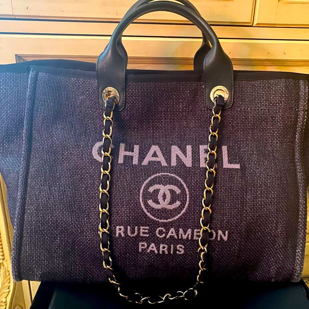 Chanel Deauville Canvas Charcoal gray handbag double handle crossbody tote XL